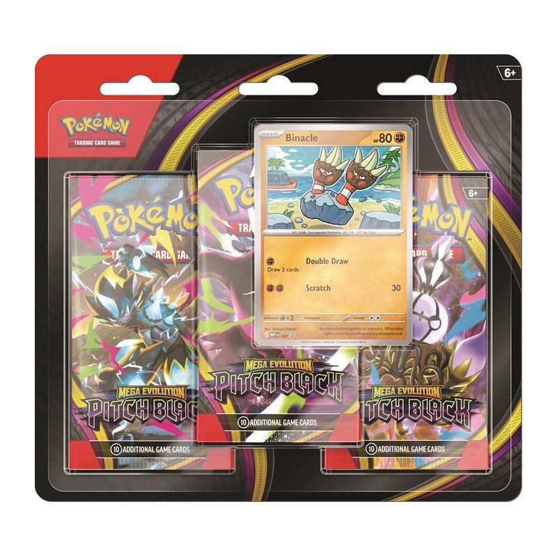 Pokémon TCG Mega Evolution Pitch Black 3-Pack Blister with Binacle Promo front